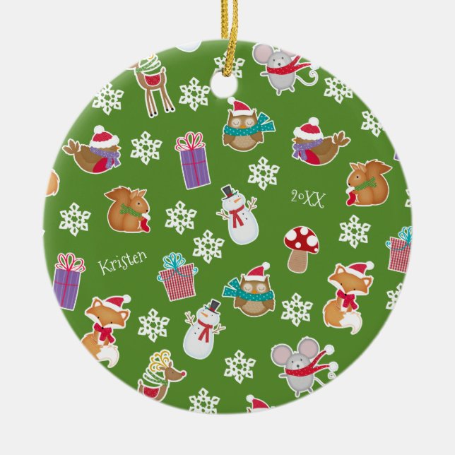 Ornamento De Cerâmica Woodland Animal Pattern Green Merry Christmas (Frente)