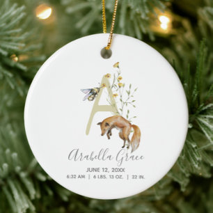 Ornamento De Cerâmica Woodland Baby Birth Stats Foto Monograma A