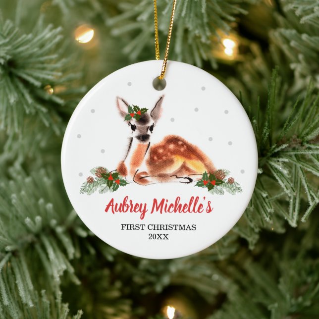 Ornamento De Cerâmica Woodland Baby Deer Personalizado Primeiro Natal (Árvore)
