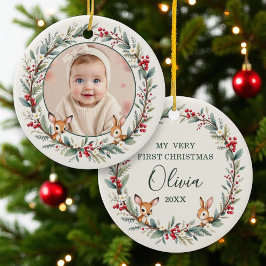 Ornamento De Cerâmica Woodland Baby Primeiro Natal Foto Personalizada