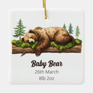 Ornamento De Cerâmica Woodland Bear Birth Stats O Primeiro Natal Do Bebê