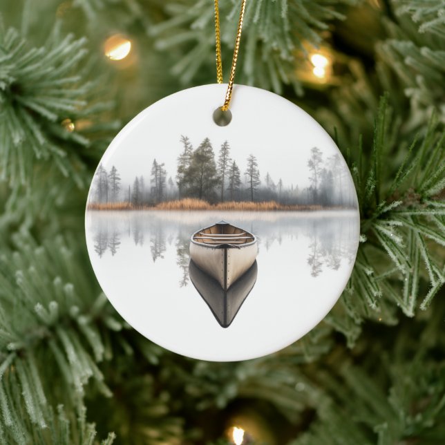 Ornamento De Cerâmica Woodland Canoe Round Holiday Ornament (Árvore)