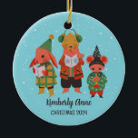 Ornamento De Cerâmica Woodland Christmas Animal Snowy Winter Holiday<br><div class="desc">Enfeite de animação bonito para crianças e crianças. Perfeito para a primeira comemoração de Natal com a família. Você pode personalizar o texto para qualquer ocasião.</div>