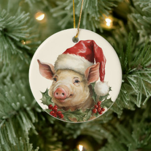 Ornamento De Cerâmica Woodland Christmas porco adiciona texto aquarela