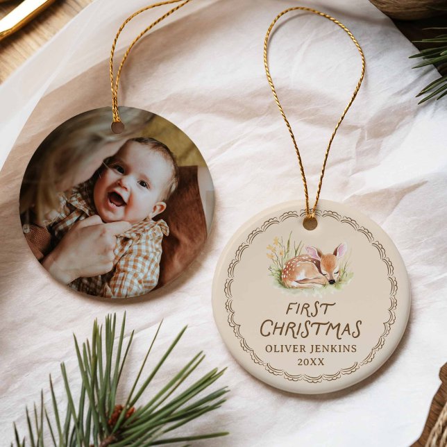 Ornamento De Cerâmica Woodland Deer New Born First Christmas Photo (Woodland first Christmas baby ornament)