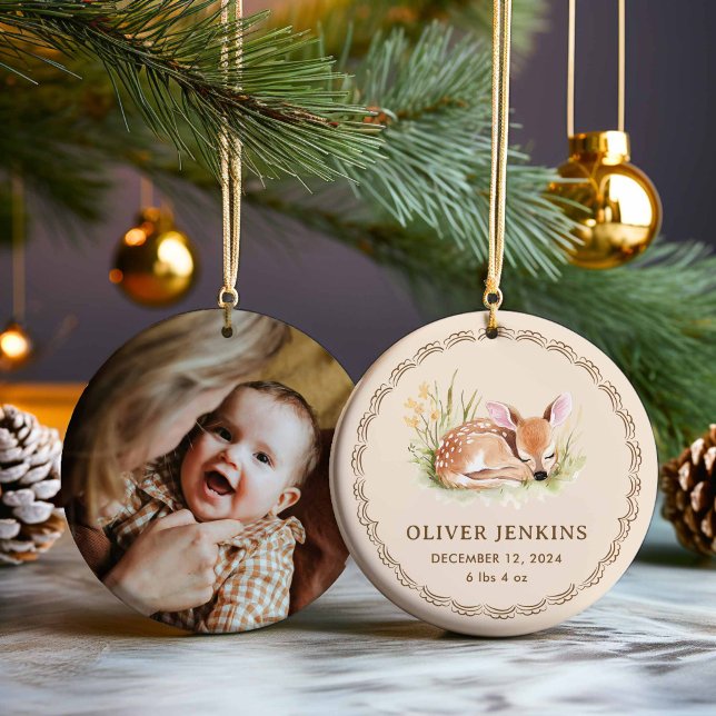 Ornamento De Cerâmica Woodland Deer Newborn Birth Stats Photo Ornament (Baby Woodland Deer Birth Stats First Christmas Photo Ornament)