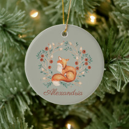 Ornamento De Cerâmica Woodland Fox Whimsical Watercolor Com Nome Persona