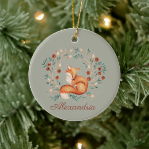 Ornamento De Cerâmica Woodland Fox Whimsical Watercolor Com Nome Persona