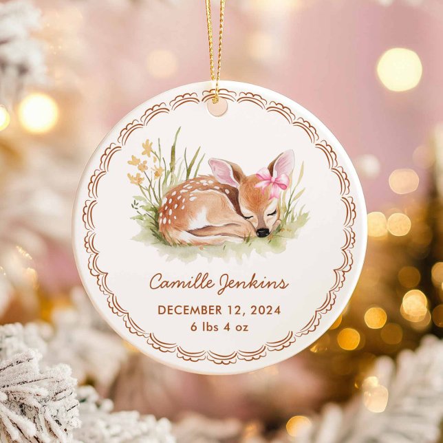Ornamento De Cerâmica Woodland Girl Baby Birth Stats Photo Christmas (Cute Deer Fawn Girl Baby Birth Stats Ornament)
