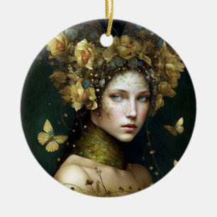 Ornamento De Cerâmica Woodland Green Fairy Fantasy Art