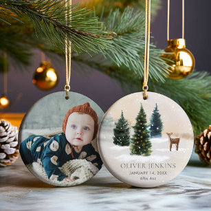 Ornamento De Cerâmica Woodland Primeiro Natal com Foto das Estadas de Na