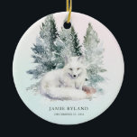 Ornamento De Cerâmica Woodland Primeiro Natal Com Foto De Bebê<br><div class="desc">Marque um primeiro Natal mágico com este ornamento personalizado de fotos em floresta. Um lado apresenta a doce fotografia do seu bebê, enquanto o outro apresenta uma raposa aquática pacífica numa cena de floresta nevada. Adicione o nome do seu filho e a data de nascimento para criar um guardião que...</div>