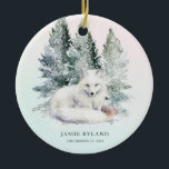 Ornamento De Cerâmica Woodland Primeiro Natal Com Foto De Bebê<br><div class="desc">Marque um primeiro Natal mágico com este ornamento personalizado de fotos em floresta. Um lado apresenta a doce fotografia do seu bebê, enquanto o outro apresenta uma raposa aquática pacífica numa cena de floresta nevada. Adicione o nome do seu filho e a data de nascimento para criar um guardião que...</div>