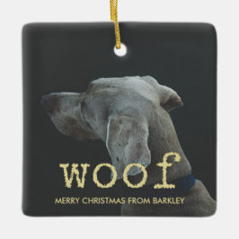 Ornamento De Cerâmica Woof in Vintage Dourada TypeWrite Text for Dog Pho