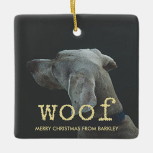 Ornamento De Cerâmica Woof in Vintage Dourada TypeWrite Text for Dog Pho