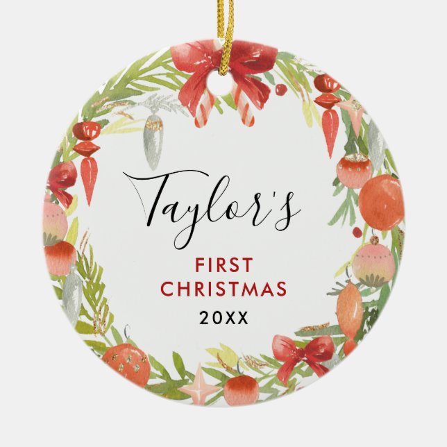 Ornamento De Cerâmica Wreath Baby's 1rua Christmas | Foto para bebê (Frente)
