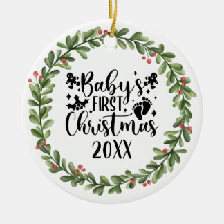Ornamento De Cerâmica Wreath de Aquarela de Natal de 1rua de bebê