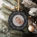 Ornamento De Cerâmica Wreath de inverno | Primeira foto de Natal do bebê<br><div class="desc">Um presente perfeito para novos pais, este Enfeites de natal elegante apresenta fotos frontais e traseiras cercadas por uma coroa de folhas verdes escuras e bagas vermelhas. "Primeiro Natal" é curvo no topo de cada foto, com o ano abaixo. Personalize com uma foto favorita em cada lado para criar uma...</div>