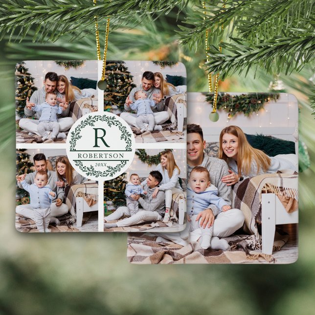 Ornamento De Cerâmica Wreath de Natal Monograma 5 Foto (Criador carregado)