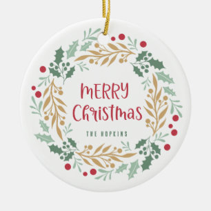 Ornamento De Cerâmica Wreath e Script de Natal   Feliz Natal