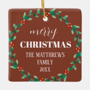 Ornamento De Cerâmica Wreath Merry Christmas Photo Name Terracotta