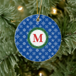 Ornamento De Cerâmica Wreath Monograma Seu Nome Branca Flocos de Neve Az