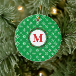 Ornamento De Cerâmica Wreath Monograma Seu Nome Branca Flocos de Neve Ve
