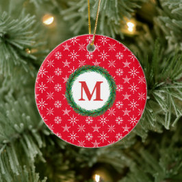 Ornamento De Cerâmica Wreath Monograma Seu Nome Branca Flocos de Neve Ve