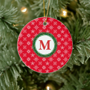 Ornamento De Cerâmica Wreath Monograma Seu Nome Branca Flocos de Neve Ve
