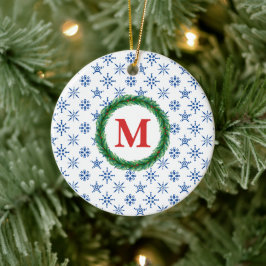 Ornamento De Cerâmica Wreath Monograma Seu Nome Flocos de Neve Azuis Bra