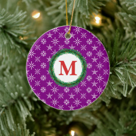 Ornamento De Cerâmica Wreath Monograma Seu Nome Flocos de Neve Brancos R