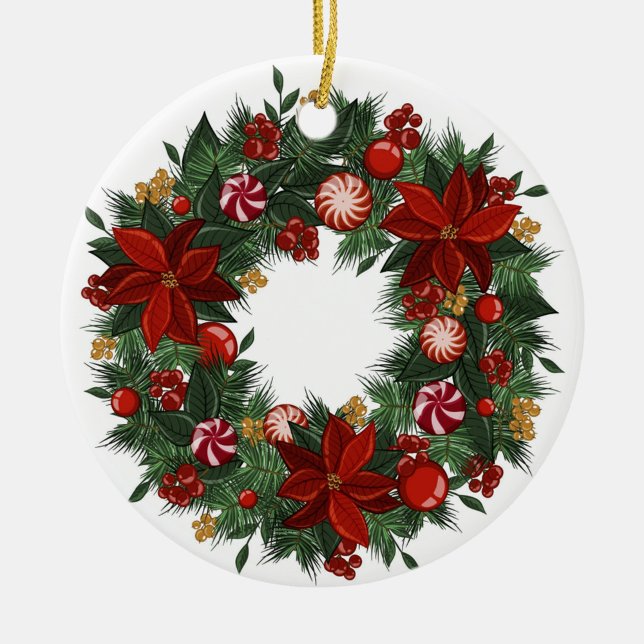 Ornamento De Cerâmica Wreath Natal (A digital art illustration of a Christmas ornament, featuring a wreath design.)
