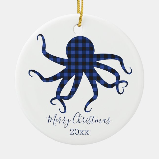 Ornamento De Cerâmica Xadrez Azul Preta de Octopus de Natal Feliz (Frente)
