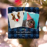 Ornamento De Cerâmica Xadrez azul-russa, névoa com névoa névoa 2 fotos<br><div class="desc">A Rússia do Natal 2 tira fotos com padrão tradicional de flanela de xadrez azul e preto e marinho e neve com uma concha. todas as cores são editáveis</div>