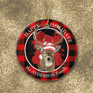 Ornamento De Cerâmica Xadrez Buffalo Deer Santa Hat