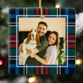 Ornamento De Cerâmica Xadrez clássico de feriado uma foto azul Natal