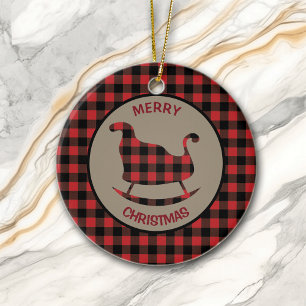 Ornamento De Cerâmica Xadrez de Buffalo Vermelho Preto, Sleigh e Tree