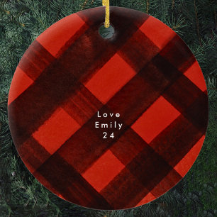 Ornamento De Cerâmica Xadrez de Feriado de Tartan Preto Vermelho Pintado