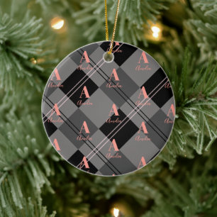 Ornamento De Cerâmica Xadrez de Natal Cinza Personalizada Rosa Preto