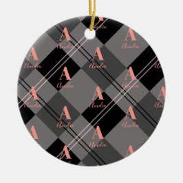 Ornamento De Cerâmica Xadrez de Natal Cinza Personalizada Rosa Preto