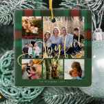 Ornamento De Cerâmica Xadrez de Natal da coleção de fotos da família de<br><div class="desc">Elegante tartan na moda vermelho da xadrez verde da floresta com falso dourado enfeite enfeite enfeite ornamento da árvore de manutenção personalizado com seis fotos e nome da família.</div>