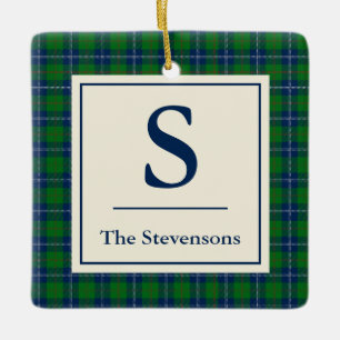 Ornamento De Cerâmica Xadrez de Tartan Verde Azul Clássico Personalizad