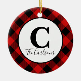 Ornamento De Cerâmica Xadrez do Monograma Inicial de Foto Vermelha Negra