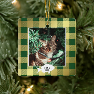Ornamento De Cerâmica Xadrez Dourada festiva Nome do gato Natal