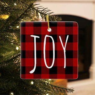 Ornamento De Cerâmica Xadrez e Joy Red Buffalo Feriado Feliz