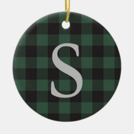 Ornamento De Cerâmica Xadrez Escocês Tartan Verde Preto Búfalo Monograma