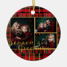 Ornamento De Cerâmica Xadrez Festiva Foto Personalizada Vermelha e Verde