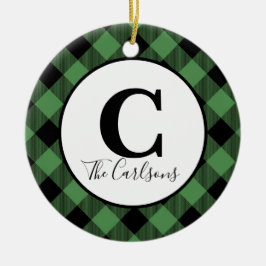 Ornamento De Cerâmica Xadrez Negra Negra Verde de Foto Monograma Inicial