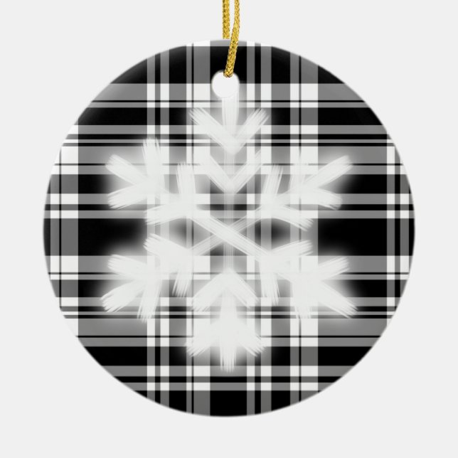 Ornamento De Cerâmica Xadrez Preta e Branca com detalhes do floco de nev (Frente)