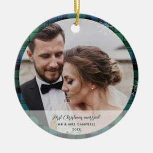 Ornamento De Cerâmica Xadrez Primeiro Natal Casado com Campbell Tartan